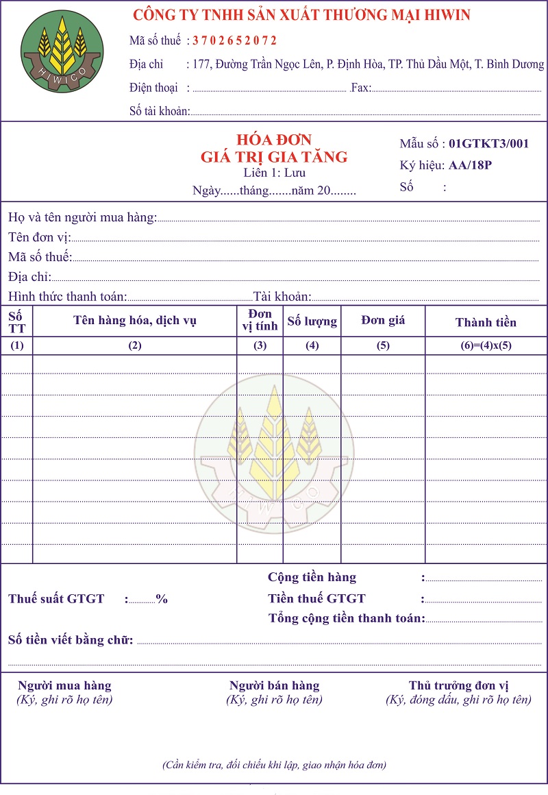 mẫu hóa đơn giá trị gia tăng có logo công ty